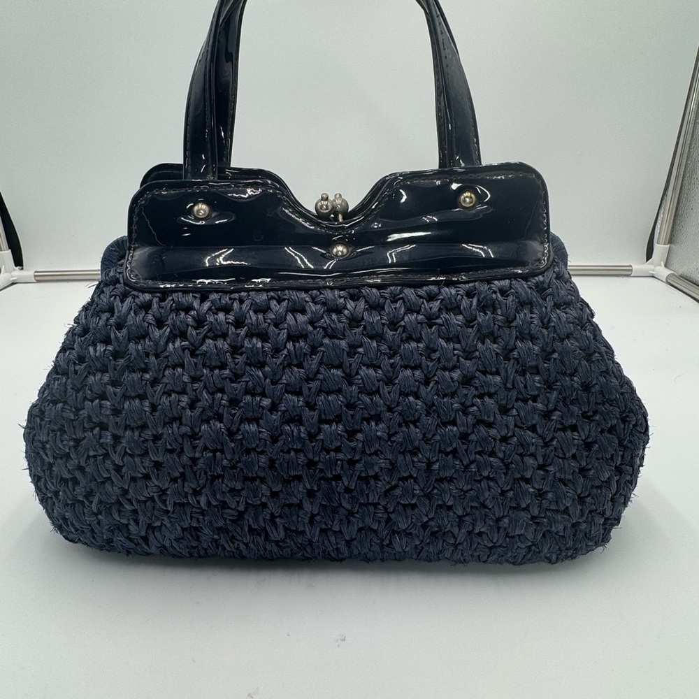Vintage 1950s Marcus Brothers of Miami Navy Blue Woven Handbag Made in Japan